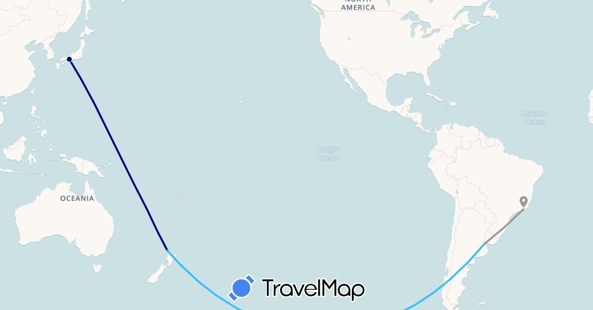 TravelMap itinerary: driving, plane, boat in Argentina, Brazil, Japan, New Caledonia, New Zealand (Asia, Oceania, South America)